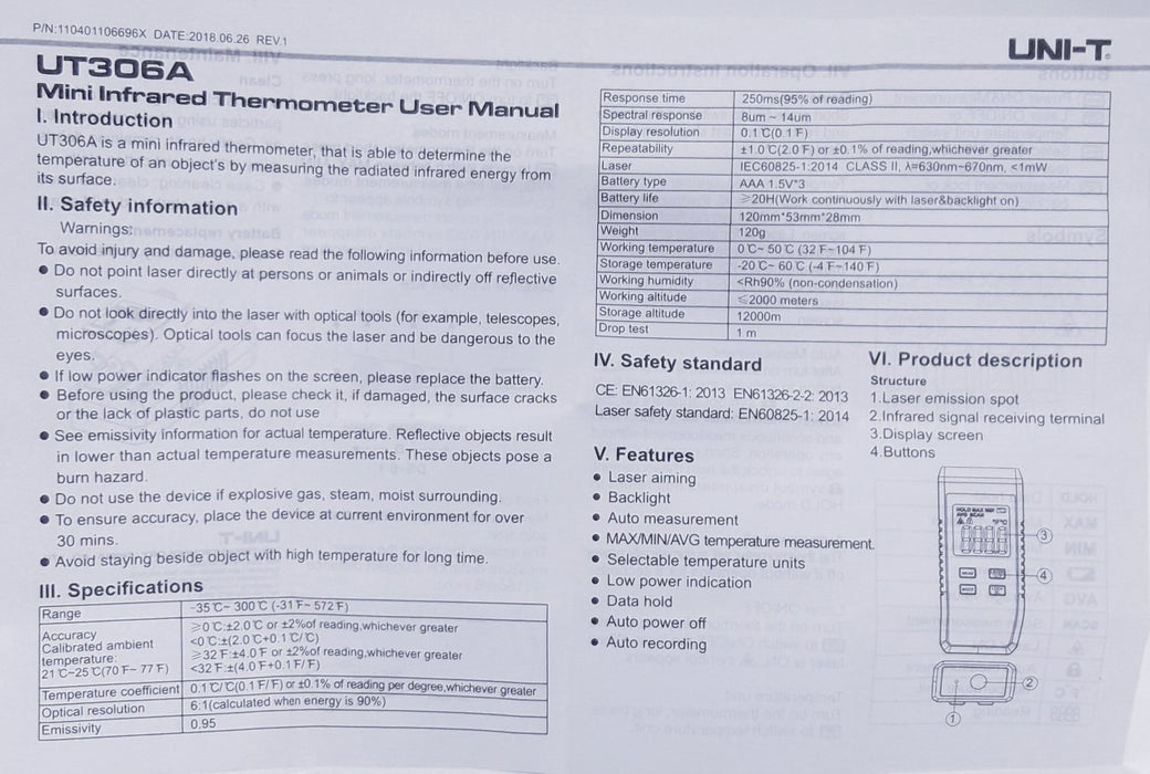 Termómetro Mini Infrarrojo Uni-T ID-1536232